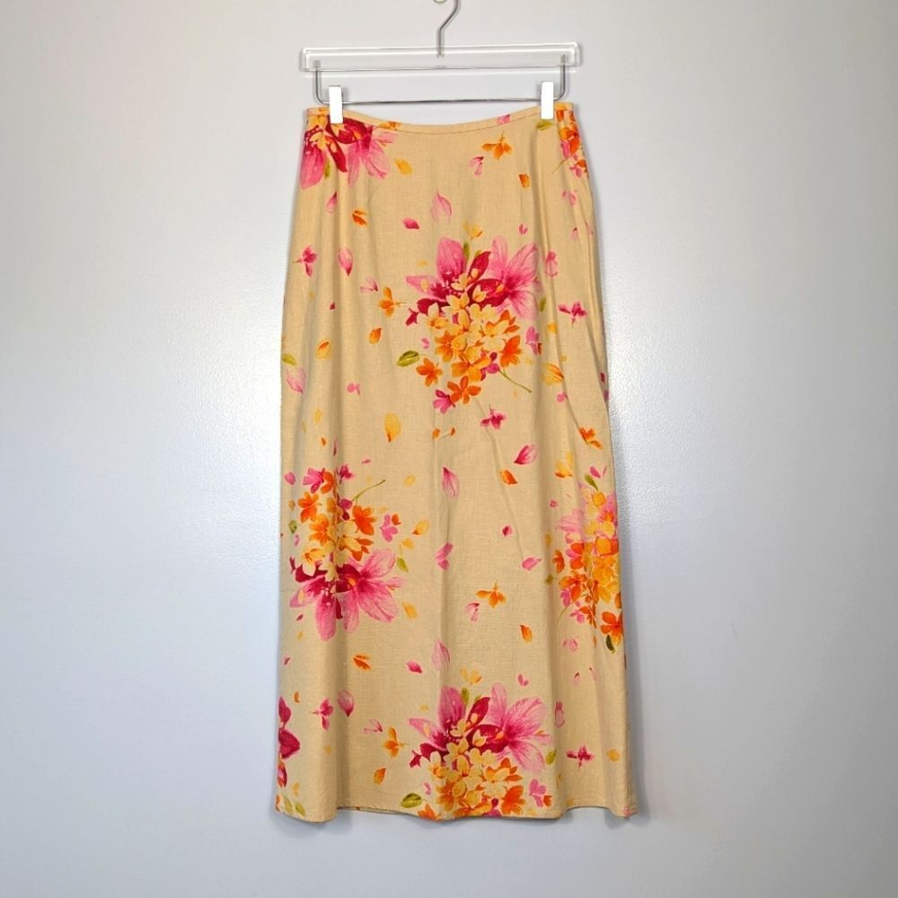 Liz Claiborne Lizsport Floral Midi Skirt 10 Yellow and Pink Vintage
